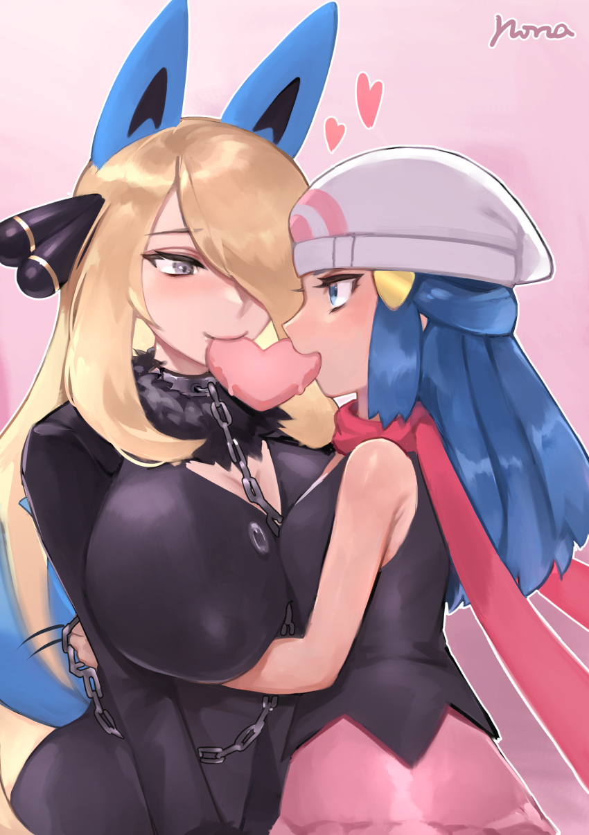 2girls absurdres beanie blonde_hair blue_hair breasts cosplay cynthia_(pokemon) hikari_(pokemon) eye_contact fur_collar gen_4_pokemon hair_over_one_eye hat heart-shaped_food highres huge_breasts leash looking_at_another lucario lucario_(cosplay) multiple_girls norza pet_play pokemon pokemon_(game) pokemon_dppt pokemon_ears red_scarf scarf shared_food smile upper_body yuri