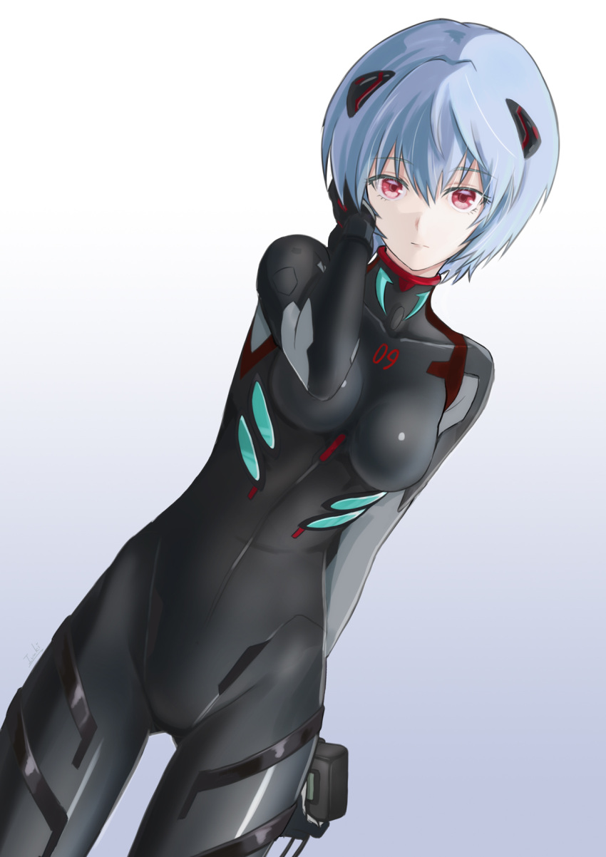 1girl arm_behind_back ayanami_rei bangs black_bodysuit bodysuit breasts breasts_apart closed_mouth cowboy_shot dutch_angle eyebrows_visible_through_hair gradient gradient_background grey_background hair_between_eyes hand_in_hair headgear highres ivuki looking_at_viewer medium_breasts neon_genesis_evangelion plugsuit red_eyes shiny shiny_clothes short_hair silver_hair solo standing thigh_gap