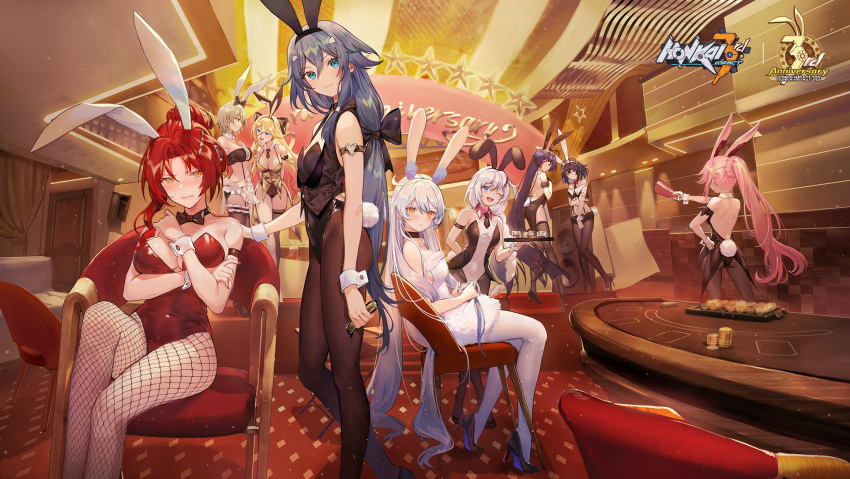 6+girls ;d animal_ears apron aqua_eyes ass bianka_durandal_ataegina black_dress black_legwear blonde_hair blue_eyes blush bow bowtie breasts brown_hair bunny_girl bunny_tail choker clenched_teeth covered_navel criin dress embarrassed english_commentary fake_animal_ears fishnet_legwear fishnets flat_chest fu_hua grey_hair hair_between_eyes hair_bun high_heels highres honkai_(series) honkai_impact_3rd indoors kiana_kaslana_(herrscher_of_the_void) large_breasts leotard light_brown_hair long_hair low_ponytail medium_breasts mole mole_on_breast multiple_girls murata_himeko necktie official_art one_eye_closed open_mouth orange_eyes pantyhose pink_hair playboy_bunny ponytail rabbit_ears raiden_mei_(herrscher_of_thunder) redhead rita_rossweisse seele_vollerei short_hair short_shorts shorts single_thighhigh sitting smile standing suspenders tail tearing_up teeth theresa_apocalypse thigh-highs very_long_hair waist_apron white_hair yae_sakura yellow_eyes