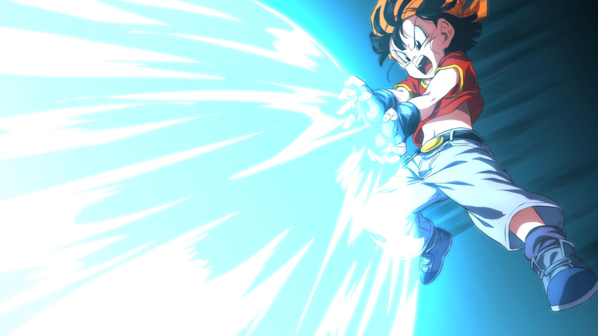 1girl belt black_belt black_gloves black_hair blue_footwear dragon_ball dragon_ball_gt fingerless_gloves gloves kamehameha open_mouth orange_bandana pan_(dragon_ball) pants red_shirt rom_(20) shirt short_hair short_sleeves solo t-shirt v-shaped_eyebrows white_pants