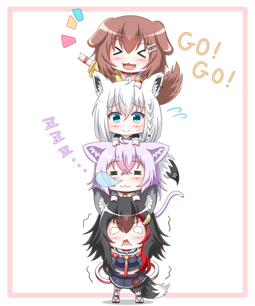 &gt;_&lt; 4girls :3 =_= absurdres animal_ears black_hair black_shirt black_skirt blush border brown_hair cat_ears cat_girl cat_tail chibi dog_ears dog_girl dog_tail english_commentary eyebrows_visible_through_hair fox_ears fox_girl fox_tail hair_between_eyes hands_on_another's_head highres hololive hololive_gamers hood hoodie human_tower inugami_korone jacket looking_at_viewer multicolored_hair multiple_girls nekomata_okayu nose_bubble notice_lines ookami_mio pleated_skirt purple_hair redhead riretsuto shirakami_fubuki shirt simple_background skirt sleeping stacking sweatdrop tail trembling two-tone_hair virtual_youtuber white_background white_hair white_hoodie wolf_ears wolf_girl wolf_tail yellow_jacket zzz