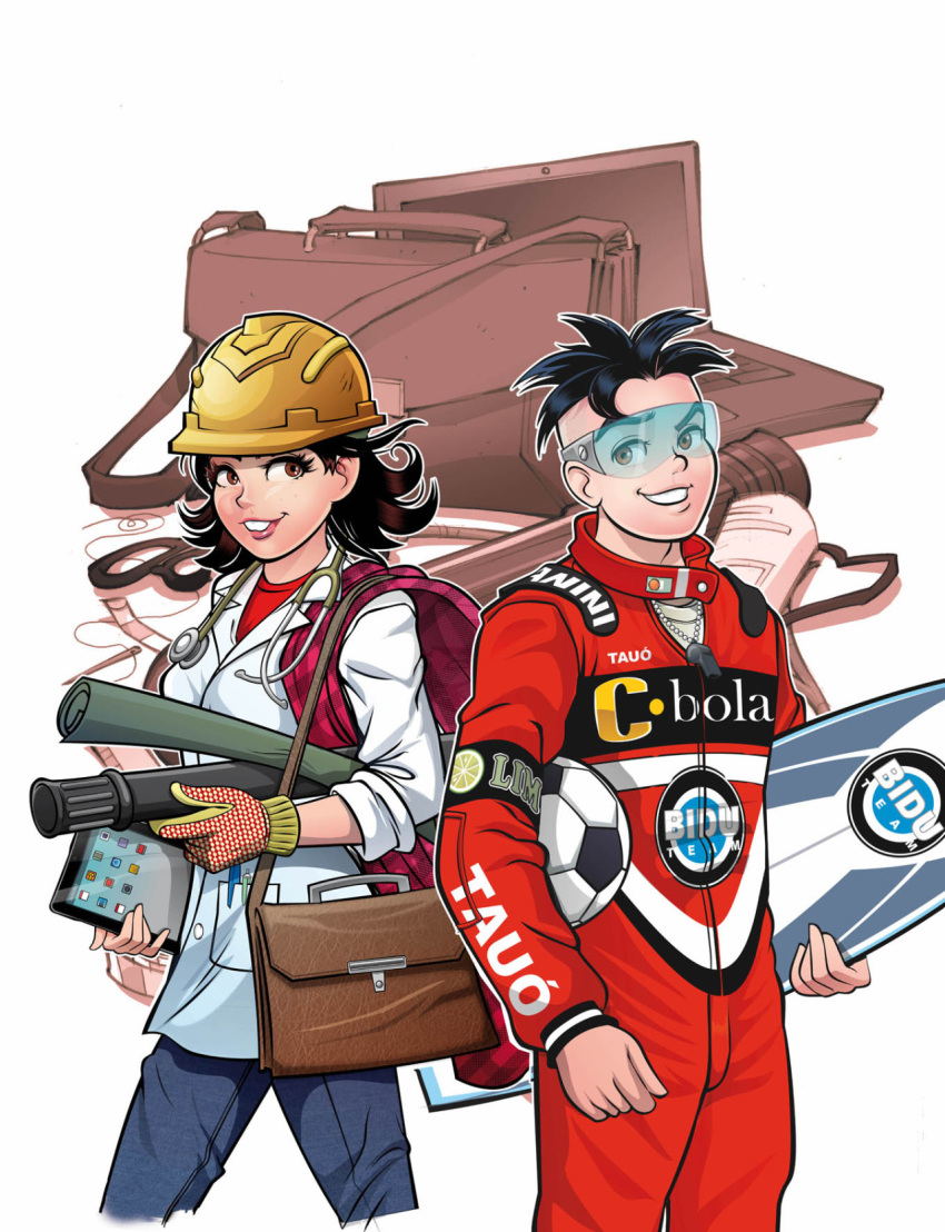 alternate_costume annotated ball black_hair breasts briefcase cebolinha_(turma_da_monica) commentary computer feet_out_of_frame hardhat helmet highres holding holding_surfboard holding_tablet_pc labcoat laptop looking_at_viewer monica_(turma_da_monica) official_art pants pocket portuguese_commentary safety_glasses short_hair small_breasts smile soccer_ball standing surfboard tablet_pc turma_da_monica turma_da_monica_jovem uniform zazo_aguiar