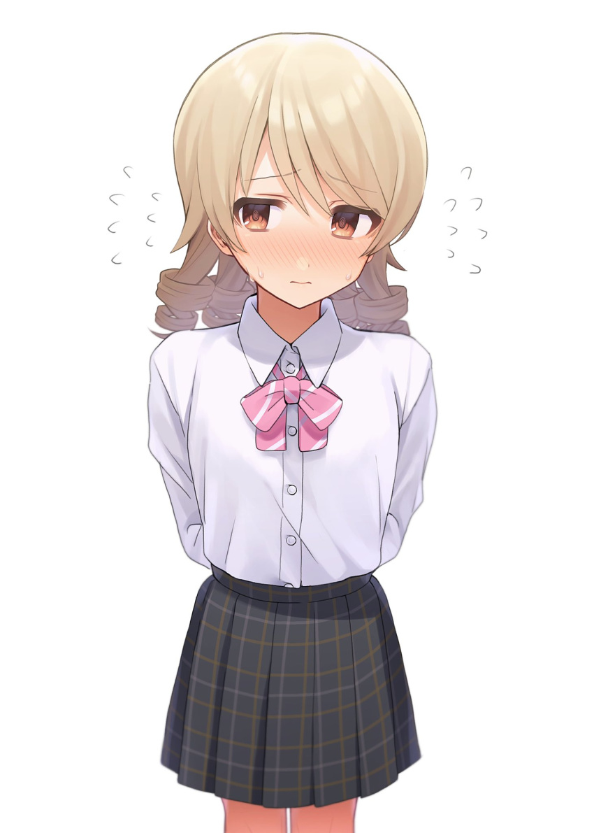 1girl arms_behind_back blurry blush bow bowtie brown_eyes brown_hair budoumfmf closed_mouth dot_nose drill_hair flat_chest flying_sweatdrops grey_skirt highres idolmaster idolmaster_cinderella_girls idolmaster_cinderella_girls_starlight_stage light_brown_hair long_hair long_sleeves morikubo_nono pink_bow pink_bowtie plaid plaid_skirt pleated_skirt ringlets school_uniform shirt simple_background skirt solo standing striped striped_bow striped_bowtie sweatdrop valentine white_background white_shirt