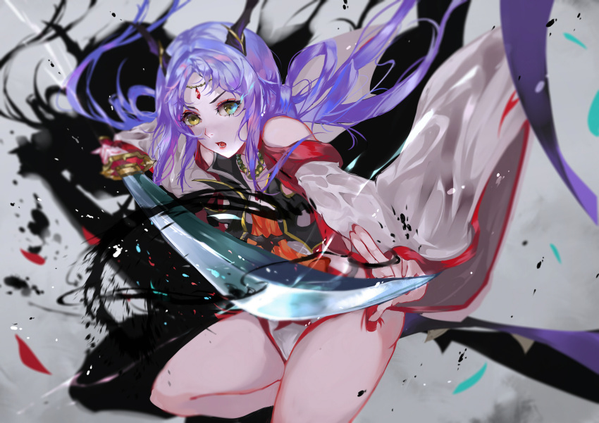 1girl aiming_at_viewer bare_legs bare_shoulders character_request forehead_jewel highres holding holding_sword holding_weapon horns japanese_clothes jewelry katana long_hair long_sleeves looking_at_viewer necklace open_mouth purple_hair solo sword tenka_hyakken vardan weapon wide_sleeves yellow_eyes