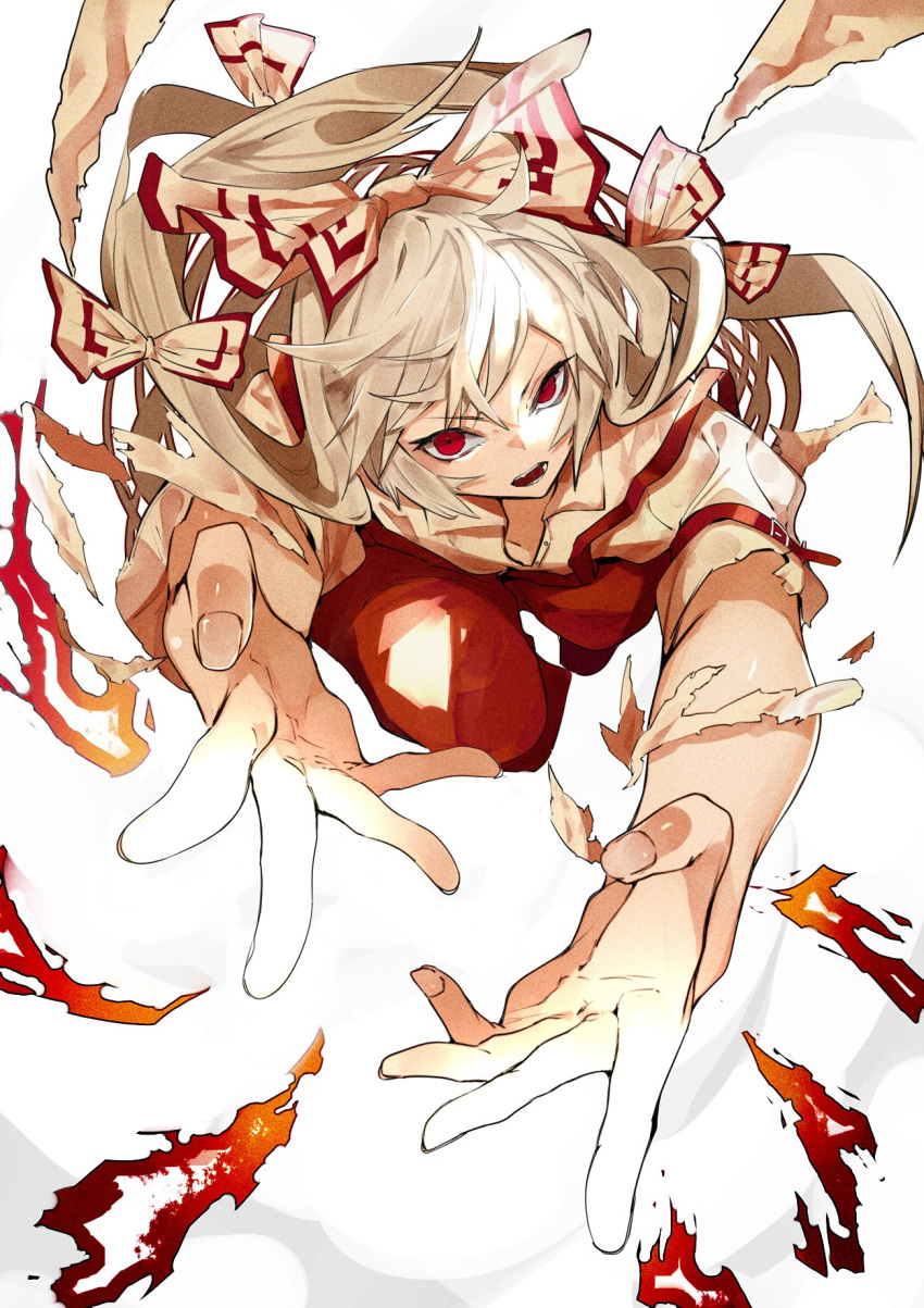 1girl bangs bow burnt fingernails flat_chest foreshortening fujiwara_no_mokou hair_bow highres ikurauni knee_up long_hair looking_at_viewer ofuda open_mouth pants red_eyes red_pants serious shirt silver_hair simple_background solo suspenders swept_bangs touhou v-shaped_eyebrows very_long_hair white_background white_bow white_shirt
