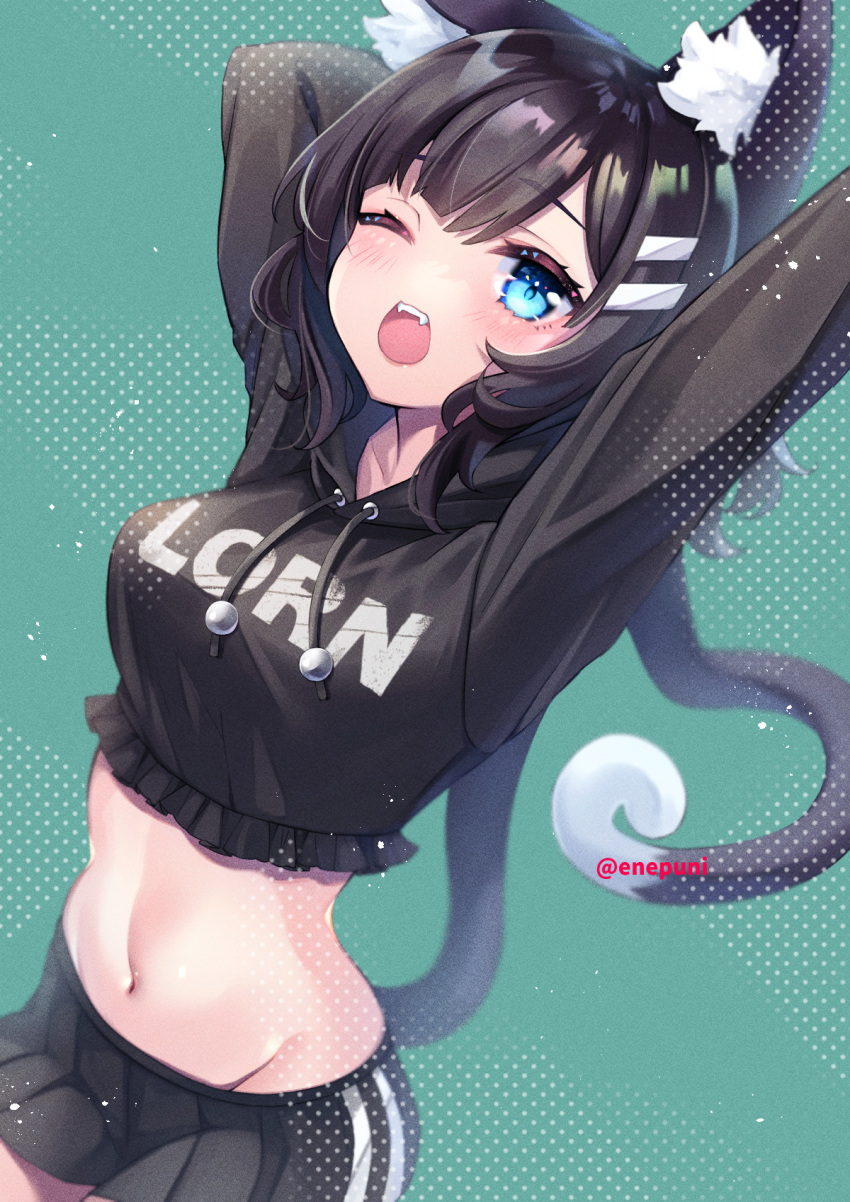 1girl :d animal_ear_fluff animal_ears aqua_background arms_up artist_name bangs black_hair black_hoodie blue_eyes breasts cat_ears commission copyright_request crop_top cropped_hoodie eneru_(enepuni) eyebrows_visible_through_hair hair_ornament hairclip heart heart_tail highres hood hoodie long_tail looking_at_viewer medium_breasts medium_hair midriff navel one_eye_closed open_mouth skeb_commission smile solo stretch sweetheat_vr tail twitter_username upper_teeth virtual_youtuber