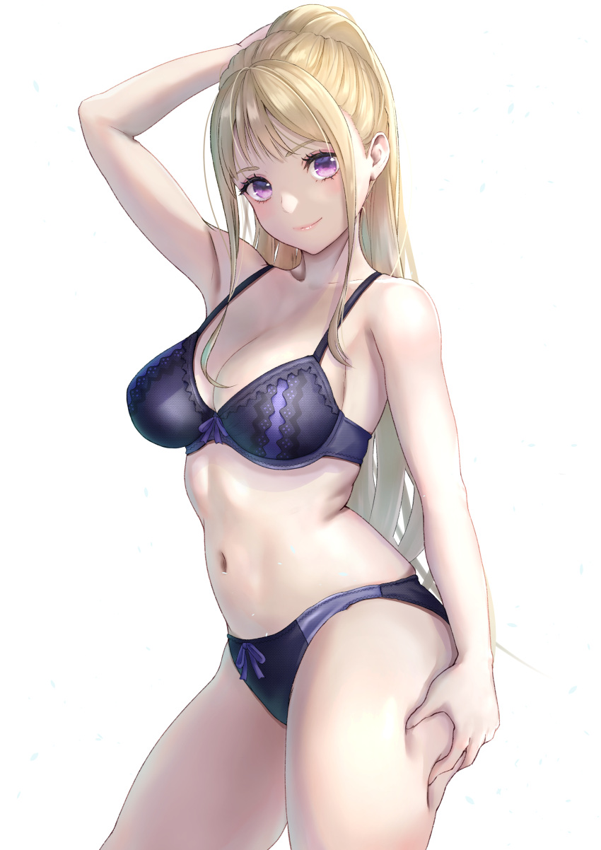 1girl absurdres arm_up bangs blonde_hair bow bow_bra bow_panties bra breasts collarbone contrapposto cowboy_shot grabbing_own_thigh hand_on_own_head hand_on_own_thigh high_ponytail highres long_hair looking_at_viewer medium_breasts navel original panties ponytail purple_bra purple_panties sidelocks simple_background smile solo standing underwear underwear_only violet_eyes yami_anko