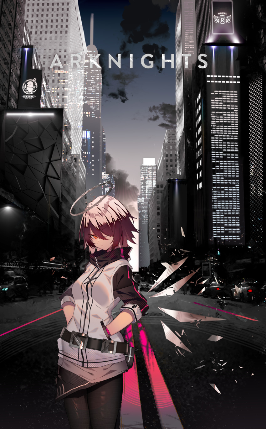 1girl arknights bangs belt black_belt black_gloves black_legwear black_skirt breasts car city cityscape commentary_request copyright_name cowboy_shot detached_wings expressionless exusiai_(arknights) gloves ground_vehicle halo hands_in_pockets highres jacket looking_at_viewer miniskirt motor_vehicle pantyhose penguin_logistics_logo pouch raglan_sleeves redhead revision road short_hair short_sleeves skirt small_breasts solo soukou_makura standing white_jacket wings yellow_eyes