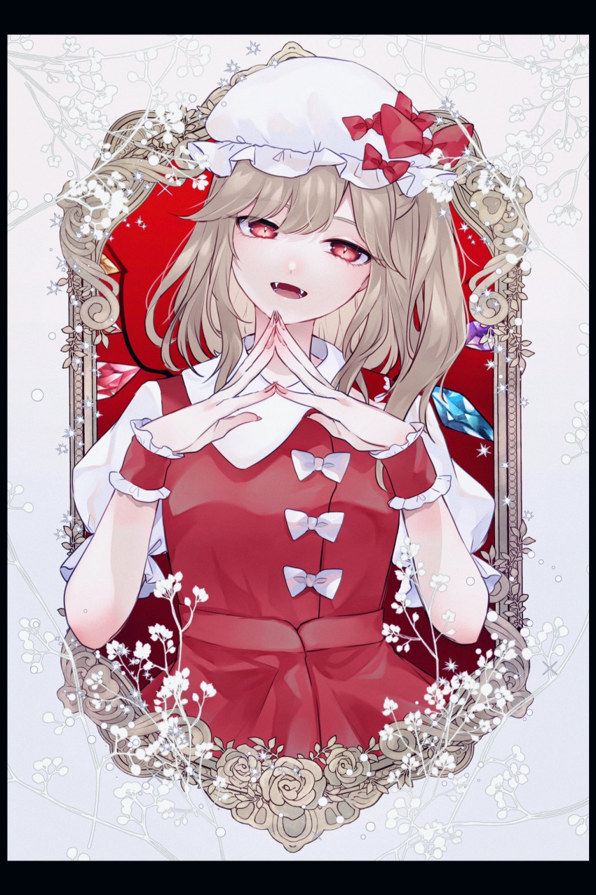 1girl adapted_costume asymmetrical_clothes bangs black_border blonde_hair border bow collared_dress commentary_request crystal dress eyebrows_visible_through_hair fangs fingernails fingers_together flandre_scarlet floral_background flower frilled_cuffs frilled_hat frills grey_background half-closed_eyes hands_up hat hat_bow head_tilt highres katai_(nekoneko0720) light_brown_hair long_fingernails looking_at_viewer medium_hair mob_cap one_side_up open_mouth own_hands_together picture_frame pinafore_dress puffy_short_sleeves puffy_sleeves red_background red_dress red_eyes rose sharp_fingernails shirt short_sleeves sidelocks slit_pupils solo steepled_fingers swept_bangs touhou white_bow white_headwear white_shirt wings wrist_cuffs