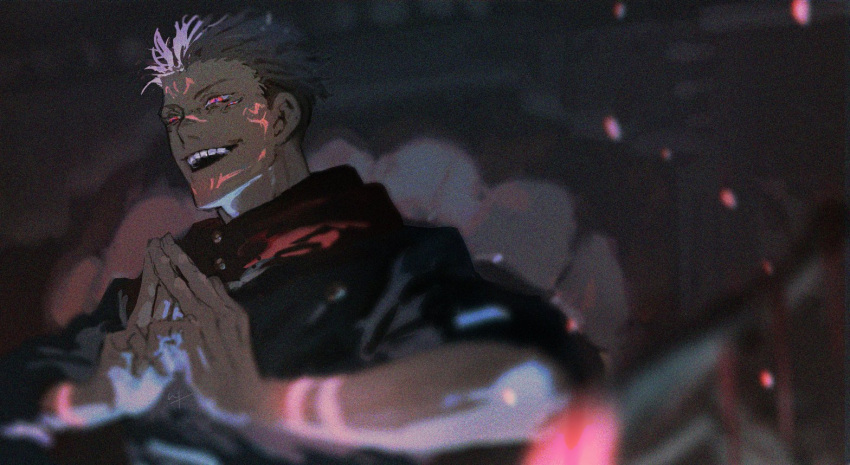 1boy blurry blurry_foreground buttons extra_eyes facial_mark film_grain forehead_mark glowing hair_slicked_back hand_gesture hands_together high_collar jujutsu_kaisen male_focus matoba_(ga6life) multicolored_hair open_mouth pink_hair red_eyes ryoumen_sukuna_(jujutsu_kaisen) shirt sleeves_rolled_up slit_pupils smile sparks tattoo teeth two-tone_hair undercut uniform upper_body