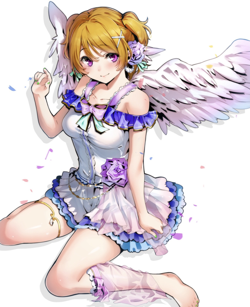 1girl angel_wings bangs barefoot breasts closed_mouth eyebrows_visible_through_hair fingernails flower green_nails hair_flower hair_ornament highres koizumi_hanayo looking_at_viewer love_live! love_live!_school_idol_project medium_breasts nail_polish nakano_maru short_hair side_ponytail simple_background sitting skirt smile solo violet_eyes white_background white_skirt wings x_hair_ornament