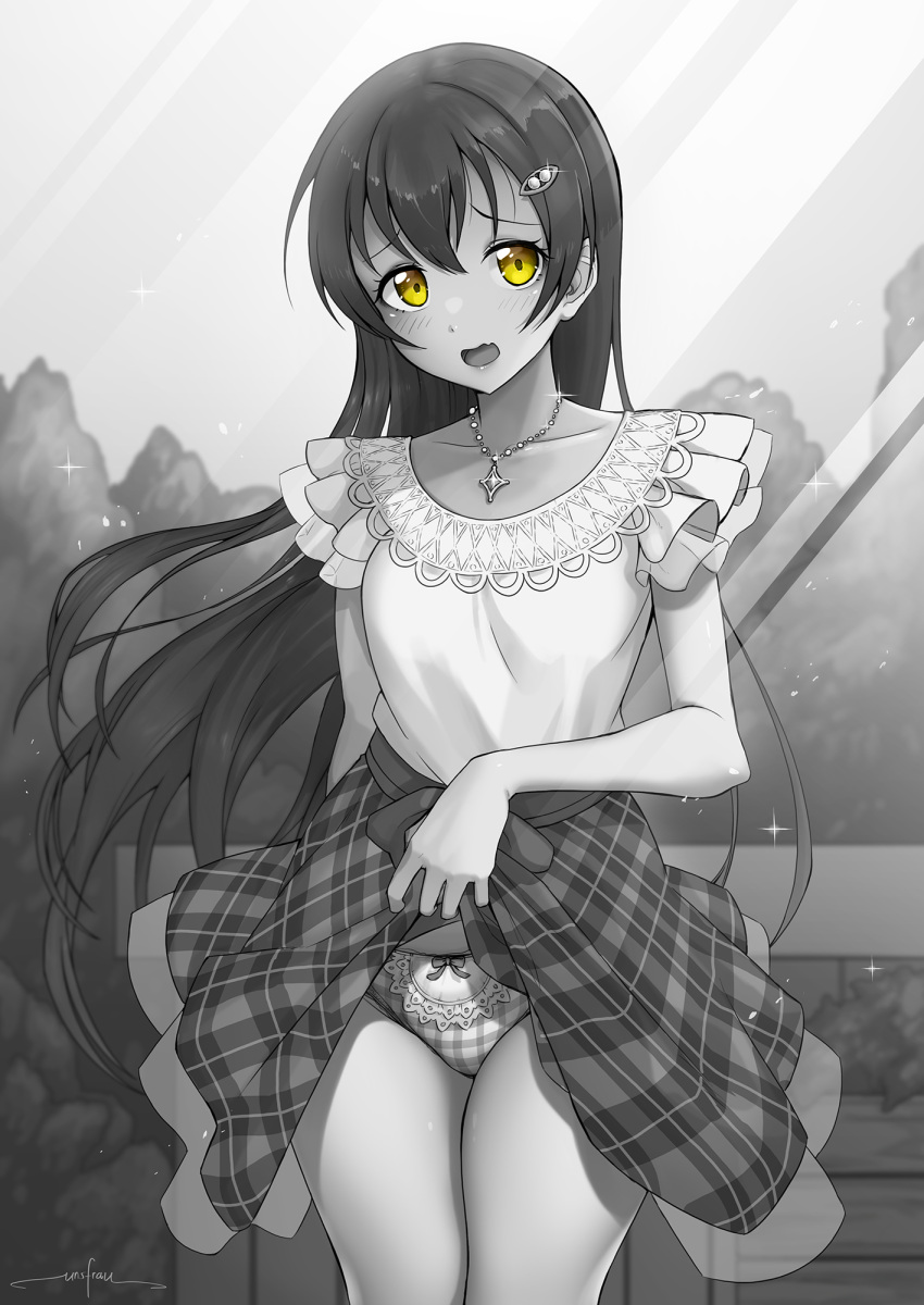 1girl artist_name bangs blush collarbone cowboy_shot day eyebrows_visible_through_hair frills glint grey_theme hair_ornament hairclip highres jewelry lifted_by_self light_rays long_hair looking_at_viewer love_live! medium_skirt monochrome necklace open_mouth outdoors panties plaid plaid_panties plaid_skirt shirt signature skirt skirt_lift sleeveless sleeveless_shirt solo sonoda_umi spot_color sunbeam sunlight underwear unsfrau very_long_hair yellow_eyes