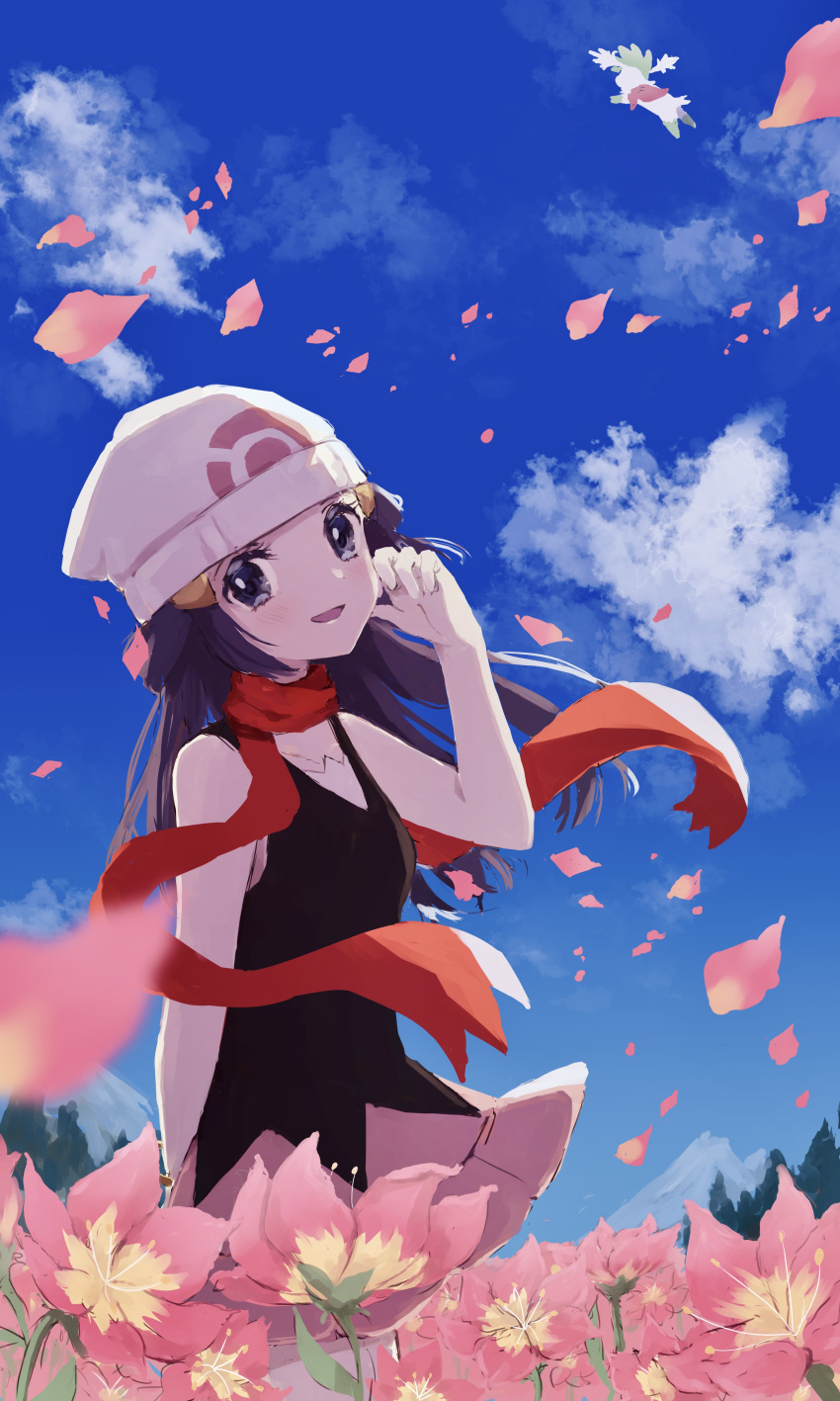 1girl :d absurdres black_eyes black_shirt blue_hair blue_sky clouds hikari_(pokemon) day field floating_hair flower flower_field gen_4_pokemon hat highres long_hair looking_at_viewer miniskirt mythical_pokemon open_mouth outdoors petals pink_flower pink_skirt pokemon pokemon_(game) pokemon_dppt shaymin shirt skirt sky sleeveless sleeveless_shirt smile solo standing white_headwear