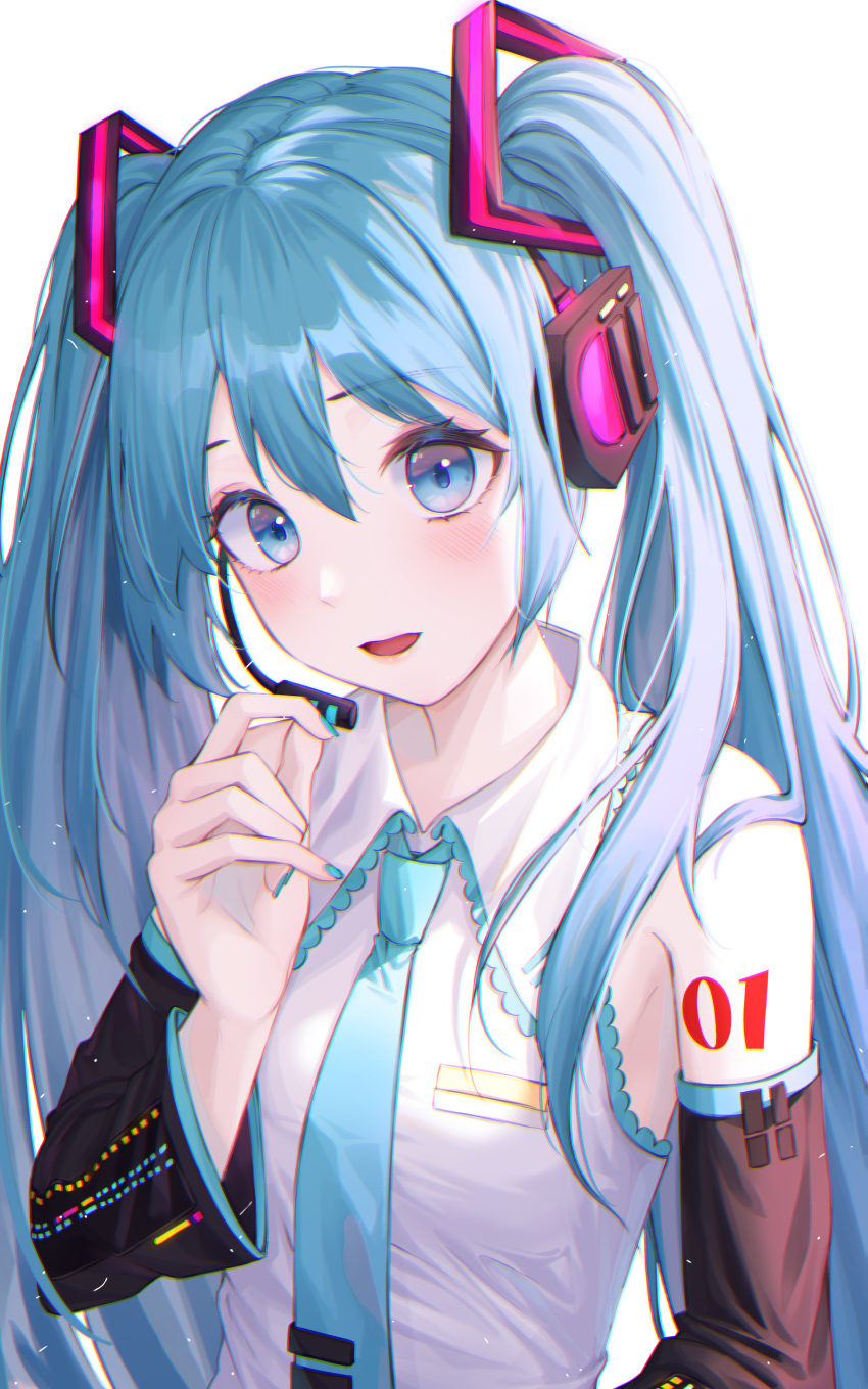 1girl :d absurdres bangs black_sleeves blue_eyes blue_hair collared_dress detached_sleeves dress eyebrows_visible_through_hair hair_between_eyes hatsune_miku headset highres kongsi long_hair long_sleeves microphone open_mouth shiny shiny_hair simple_background sleeveless sleeveless_dress smile solo twintails upper_body very_long_hair vocaloid white_background white_dress wing_collar