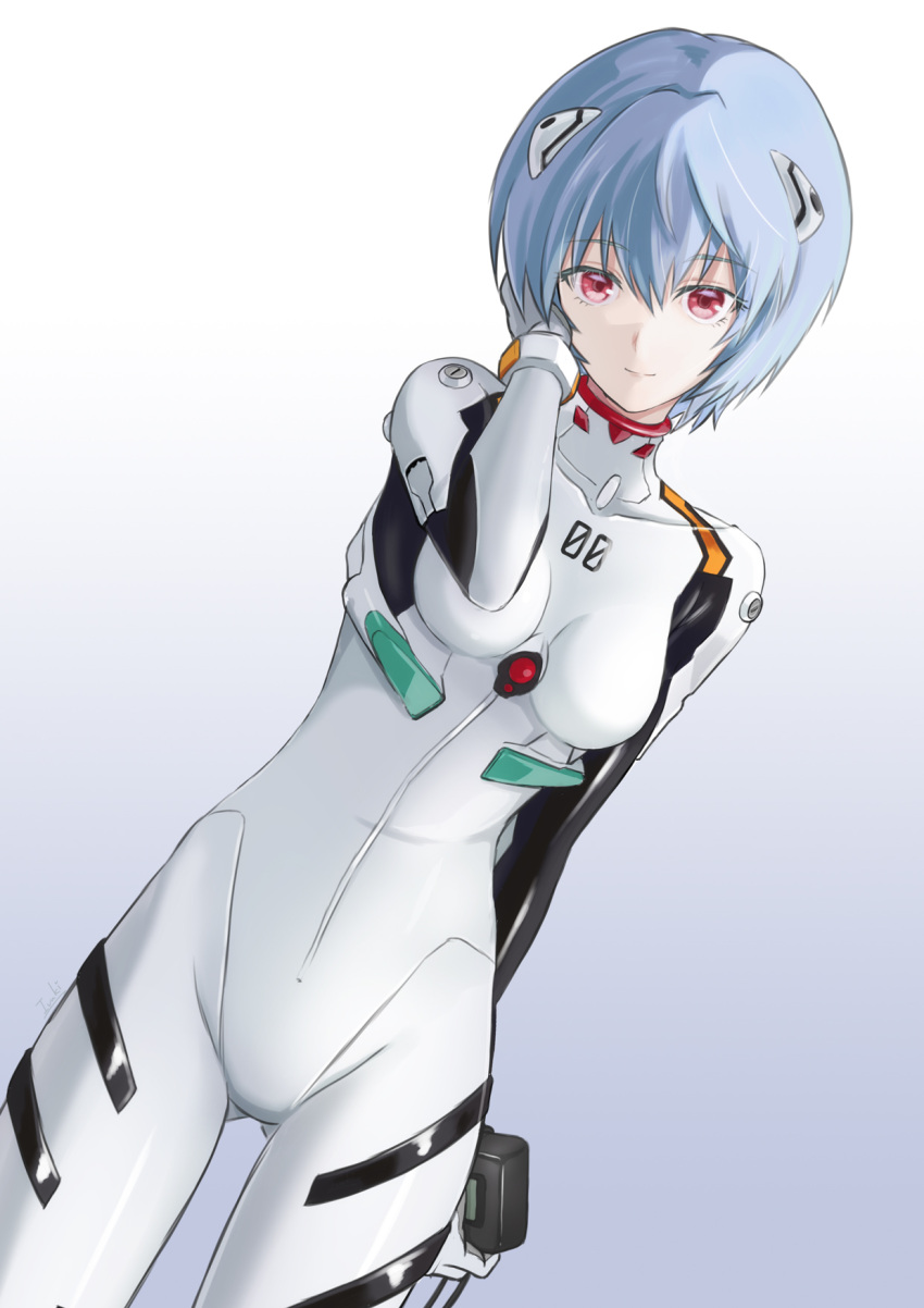 1girl arm_behind_back ayanami_rei bangs bodysuit breasts breasts_apart closed_mouth cowboy_shot dutch_angle eyebrows_visible_through_hair gradient gradient_background grey_background hair_between_eyes hand_in_hair headgear highres ivuki looking_at_viewer medium_breasts neon_genesis_evangelion plugsuit red_eyes short_hair silver_hair smile solo standing thigh_gap white_bodysuit