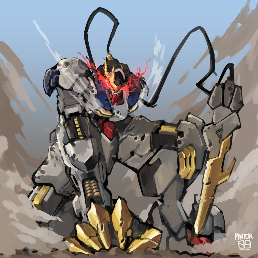 absurdres claws damaged english_commentary glowing glowing_eyes gundam gundam_barbatos gundam_barbatos_lupus_rex gundam_tekketsu_no_orphans highres looking_at_viewer mecha mechanical_tail missing_limb mobile_suit moku_(pintor09) no_humans red_eyes science_fiction sketch solo tail v-fin