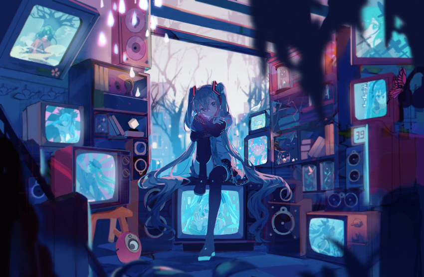 1girl aqua_eyes aqua_hair aqua_nails aqua_neckwear arms_on_knees backlighting bangs bare_shoulders black_skirt blurry blurry_background book bookshelf bug butterfly commentary crossed_arms detached_sleeves full_body hair_ornament hatsune_miku highres insect kanose leg_hug long_hair looking_at_viewer matryoshka_(vocaloid) monitor multiple_monitors nail_polish necktie pleated_skirt romeo_to_cinderella_(vocaloid) senbon-zakura_(vocaloid) shinkai_shoujo_(vocaloid) sitting sitting_on_object skirt sleeveless smile solo speaker stool suna_no_wakusei_(vocaloid) tattoo television thigh-highs tree twintails very_long_hair vocaloid wide_shot world_is_mine_(vocaloid)