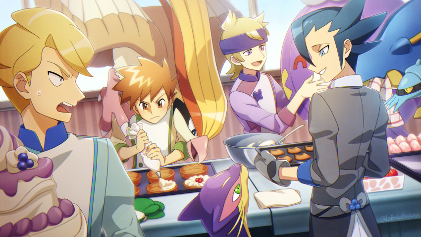 4boys alternate_costume apron baking_sheet bangs black_hair blonde_hair blue_oak brown_eyes brown_hair clawitzer closed_mouth commentary_request drifblim gen_1_pokemon gen_4_pokemon gen_5_pokemon gen_6_pokemon grey_eyes grey_mittens grimsley_(pokemon) headband highres holding liepard looking_back male_focus momoji_(lobolobo2010) morty_(pokemon) multiple_boys open_mouth oven_mitts pidgeot pokemon pokemon_(creature) pokemon_(game) pokemon_bw pokemon_hgss pokemon_xy purple_headband shiny shiny_hair short_hair siebold_(pokemon) smile spiky_hair sweatdrop teeth tongue turtleneck violet_eyes white_day