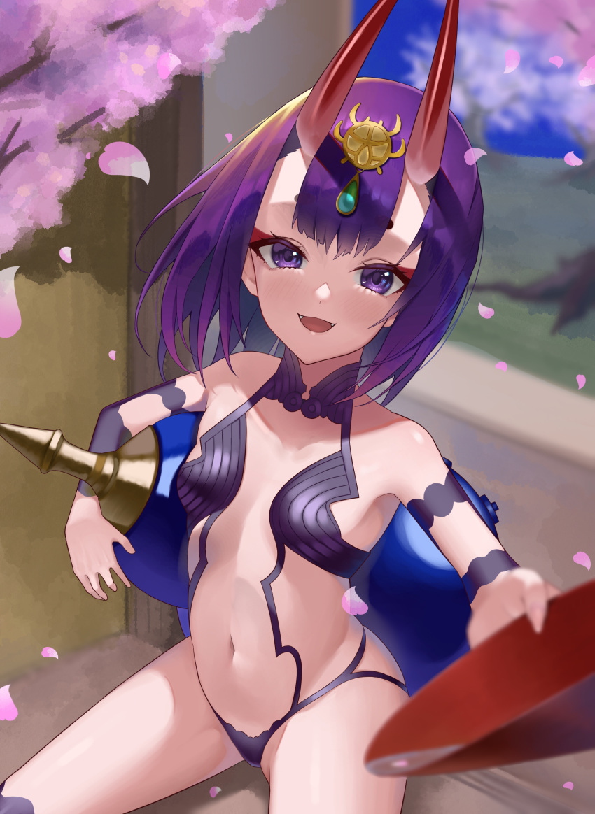 1girl :d absurdres bangs bare_shoulders bisco_(bisco_art) bob_cut breasts cherry_blossoms cup eyelashes eyeliner fangs fate/grand_order fate_(series) headpiece highres horns jewelry looking_at_viewer makeup mascara oni oni_horns open_mouth petals purple_hair reaching_out revealing_clothes sakazuki short_hair shuten_douji_(fate) sitting skin-covered_horns small_breasts smile solo violet_eyes