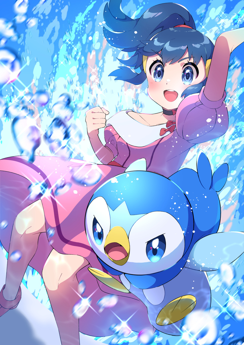1girl :d absurdres arm_up bangs blue_eyes blush choker clenched_hand collarbone commentary hikari_(pokemon) dress gen_4_pokemon hair_tie hand_up highres knees open_mouth piplup pokemon pokemon_(anime) pokemon_(creature) pokemon_dppt_(anime) pon_yui purple_dress shoes short_sleeves smile sparkle starter_pokemon teeth tied_hair tongue water_drop