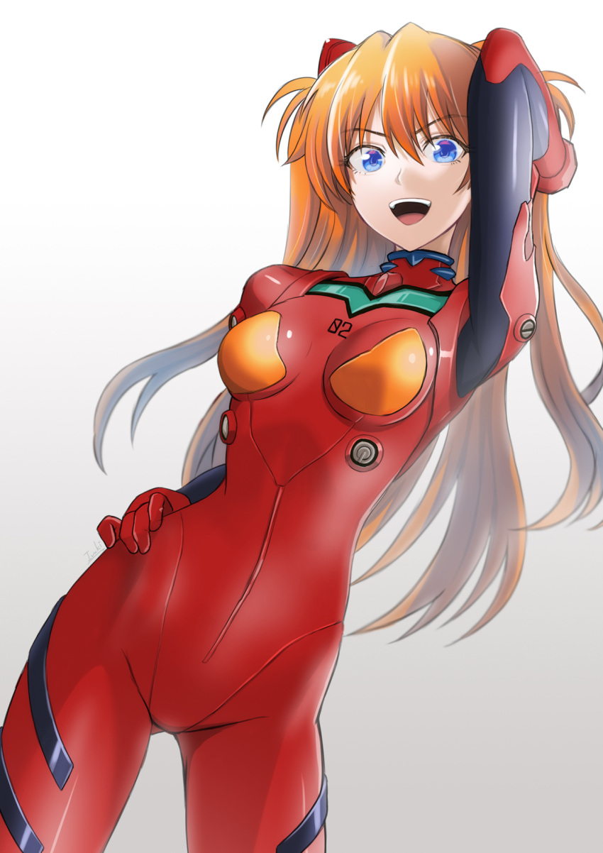 1girl :d arm_up bangs blue_eyes bodysuit breasts breasts_apart contrapposto cowboy_shot eyebrows_visible_through_hair floating_hair gradient gradient_background grey_background hair_between_eyes hand_in_hair hand_on_hip headgear highres ivuki long_hair medium_breasts neon_genesis_evangelion open_mouth orange_hair plugsuit red_bodysuit shiny shiny_hair smile solo souryuu_asuka_langley standing twintails very_long_hair