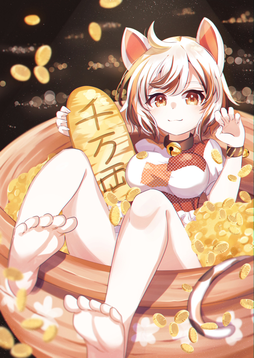 1girl :3 absurdres ametama_(runarunaruta5656) animal_ears barefoot bell black_collar blurry bokeh breasts brown_eyes brown_hair cat_ears cat_tail closed_mouth coin collar commentary_request depth_of_field eyebrows_behind_hair feet gesture gold goutokuji_mike highres jingle_bell koban_(gold) medium_breasts multicolored multicolored_clothes multicolored_hair multicolored_shirt multicolored_skirt multicolored_tail neck_bell orange_hair patches paw_pose short_hair skirt soles solo tail toes touhou white_hair