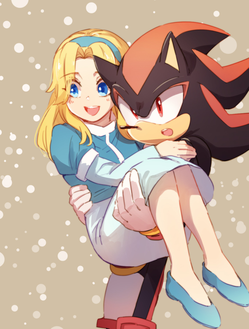 1boy 1girl :d animal_nose blonde_hair blue_dress blue_eyes blue_footwear blue_hairband blush carrying dress gloves hairband highres long_hair maria_robotnik msg01 open_mouth princess_carry red_eyes shadow_the_hedgehog smile sonic_(series) white_gloves