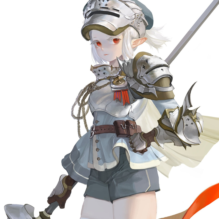 1girl armor helmet highres original pointy_ears polearm ponytail red_eyes shorts spear vexxxxa weapon