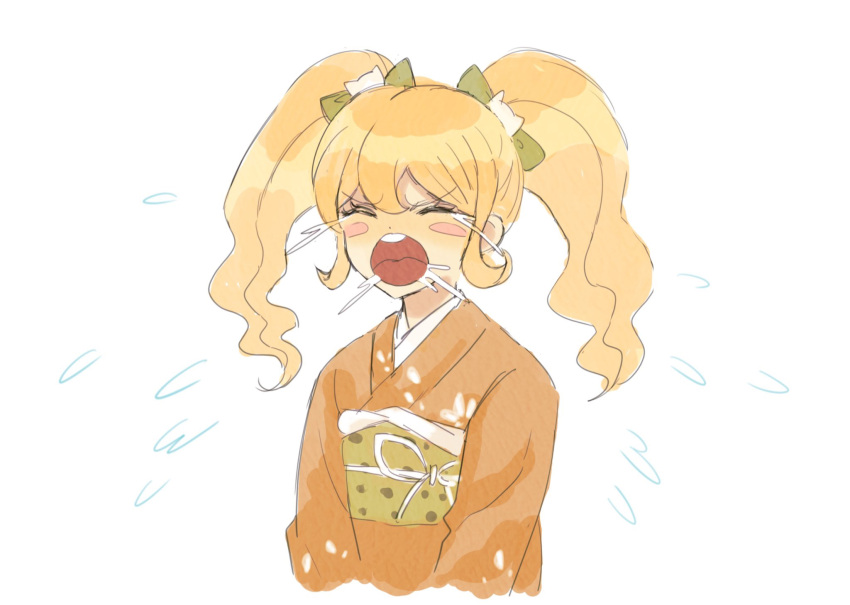 1girl :o bangs blonde_hair blush_stickers bow cat_hair_ornament closed_eyes commentary_request cropped_torso crying dangan_ronpa_(series) dangan_ronpa_2:_goodbye_despair flying_teardrops furisode hair_bow hair_ornament highres japanese_clothes kimono long_hair mochi_(yuriraru) obi open_mouth saionji_hiyoko sash solo symbol_commentary twintails upper_teeth