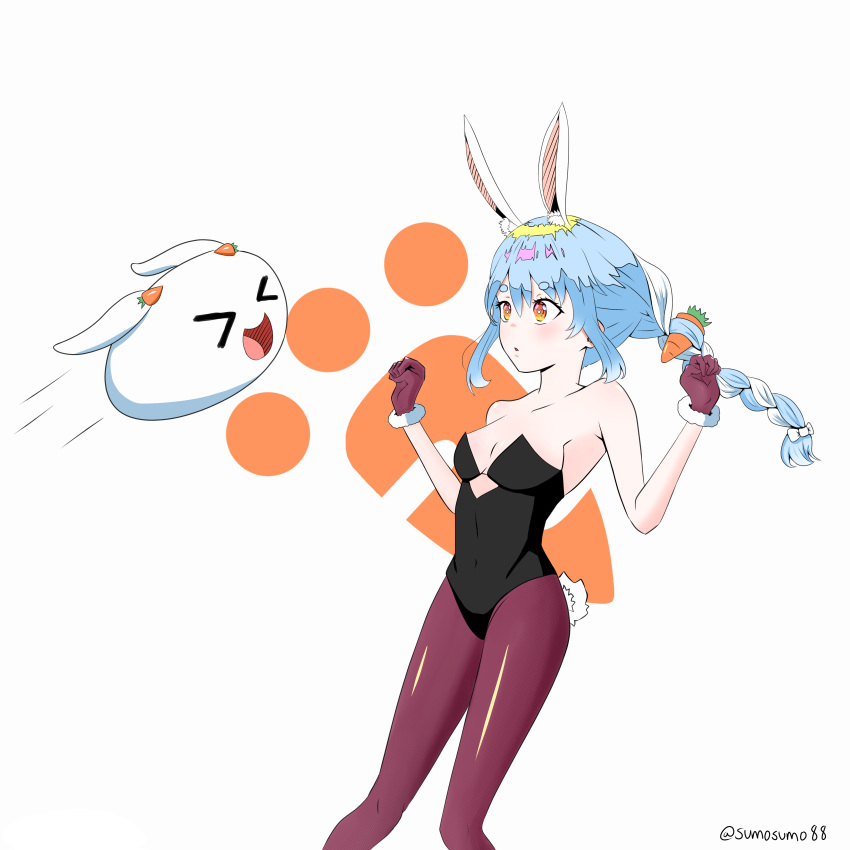 1girl 1other absurdres animal_ear_fluff animal_ears apron bangs bare_arms bare_shoulders black_gloves black_legwear black_leotard blue_hair braid breasts bunny-shaped_pupils bunny_tail carrot_hair_ornament creature cutout_above_navel feet_out_of_frame food_themed_hair_ornament fur-trimmed_gloves fur_trim gloves hair_between_eyes hair_ornament highres hikimayu hololive leotard long_hair looking_at_another multicolored_hair nousagi_(usada_pekora) orange_eyes pantyhose playboy_bunny rabbit rabbit_ears rabbit_girl short_eyebrows sidelocks small_breasts strapless strapless_leotard sumosumo tail thick_eyebrows twin_braids twintails twitter_username two-tone_hair usada_pekora virtual_youtuber waist_apron white_hair