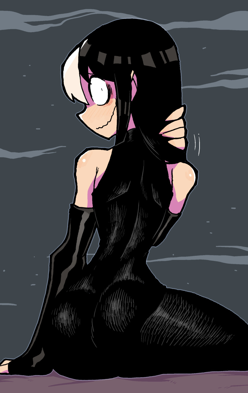 1girl absurdres ass bags_under_eyes black_hair dress from_side hand_in_hair highres long_dress long_fingers looking_at_viewer multicolored_hair night night_sky nose noss_(rariatto) original rariatto_(ganguri) sitting sky smile streaked_hair vampire white_hair