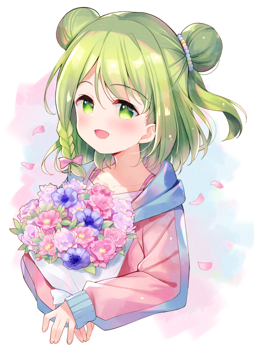 1girl :d bangs blush bouquet bow braid commentary_request cropped_torso double_bun eyebrows_visible_through_hair flower green_eyes green_hair hair_between_eyes hair_bow highres hood hood_up hooded_jacket jacket long_sleeves looking_at_viewer meito_(maze) morinaka_kazaki nijisanji open_mouth petals pink_bow pink_flower pink_jacket purple_flower single_braid sleeves_past_wrists smile solo upper_body virtual_youtuber