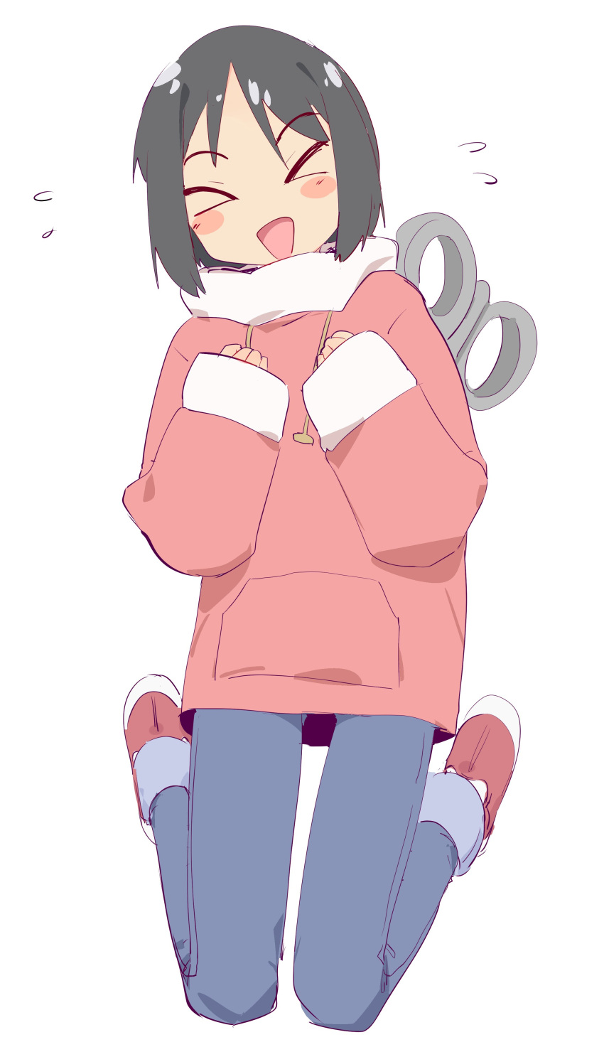 &gt;_&lt; 1girl absurdres black_hair blush blush_stickers closed_eyes denim eds eyebrows_visible_through_hair full_body hands_up highres hood hoodie jeans long_sleeves nichijou open_mouth pants red_footwear red_hoodie robot shinonome_nano shoes short_hair simple_background smile solo white_background winding_key