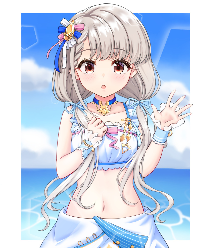 1girl :o bangs bare_shoulders blue_choker blue_ribbon blurry blurry_background blush braid braided_bangs breasts brown_eyes choker collarbone commentary_request crop_top day depth_of_field eyebrows_visible_through_hair go_to_paradise_(idolmaster) grey_hair hair_ornament hair_ribbon hands_up highres hisakawa_nagi idolmaster idolmaster_cinderella_girls idolmaster_cinderella_girls_starlight_stage long_hair looking_at_viewer mitsumine_raimu navel parted_lips ribbon skirt small_breasts solo very_long_hair water white_skirt wrist_cuffs