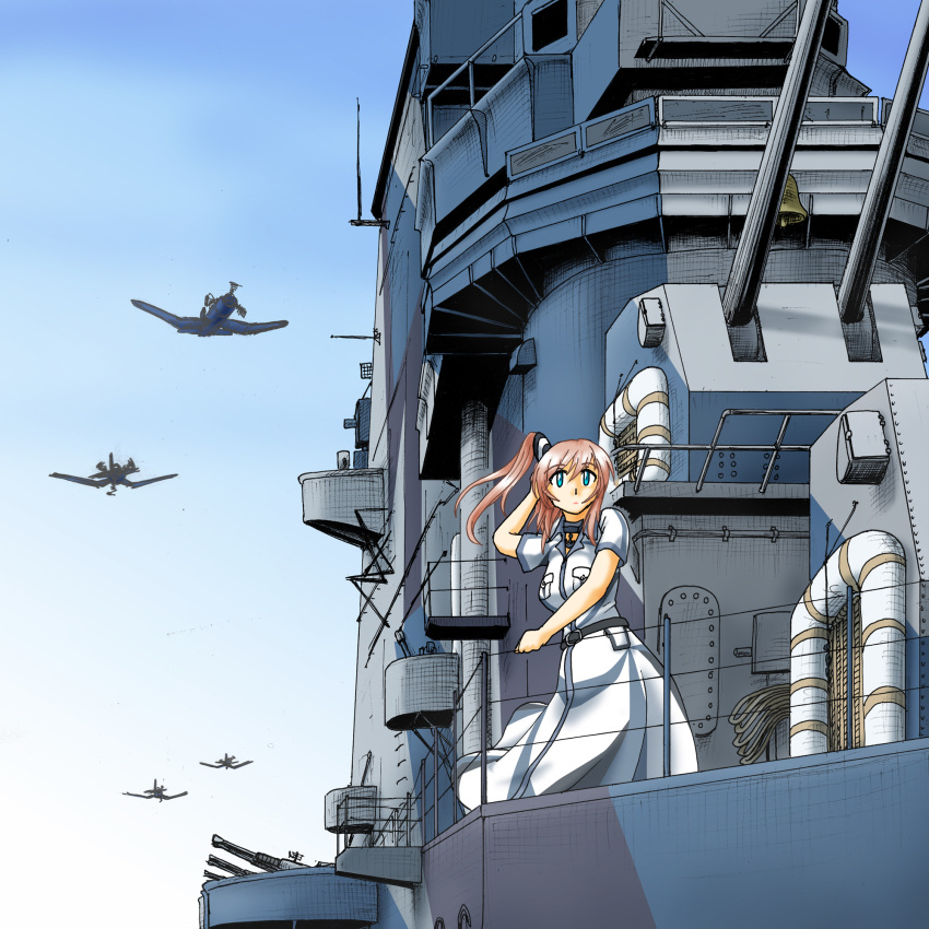 1girl aircraft airplane anchor bell belt blue_eyes blue_sky breast_pocket breasts brown_hair cannon dress f4u_corsair hair_between_eyes hair_ornament hand_on_own_head highres kantai_collection large_breasts lifeboat pocket ponytail railing remodel_(kantai_collection) saratoga_(kancolle) side_ponytail sidelocks sky smokestack solo tasoku_hokou_heiki turret uss_saratoga_(cv-3) white_dress