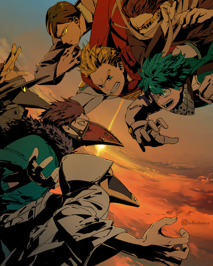 6+boys aizawa_shouta artist_name bandages between_fingers black_headwear blue_eyes boku_no_hero_academia cape chisaki_kai clenched_hand clenched_teeth clonion closed_mouth clouds commentary constricted_pupils elbow_gloves english_commentary fingernails formal freckles fur-trimmed_jacket fur_trim furrowed_eyebrows glasses gloves goggles green_eyes green_hair green_jacket hand_up hat highres holding hood hood_up hooded_robe jacket kurono_hari long_sleeves male_focus mask mask_around_neck mask_removed midoriya_izuku mouth_mask multicolored_hair multiple_boys nemoto_shin open_mouth outstretched_arms plague_doctor_mask purple_hair red_cape robe sanpaku scarf short_hair shouting sir_nighteye sky stamp suit sunset teeth togata_mirio two-tone_hair white_gloves white_robe yellow-framed_eyewear