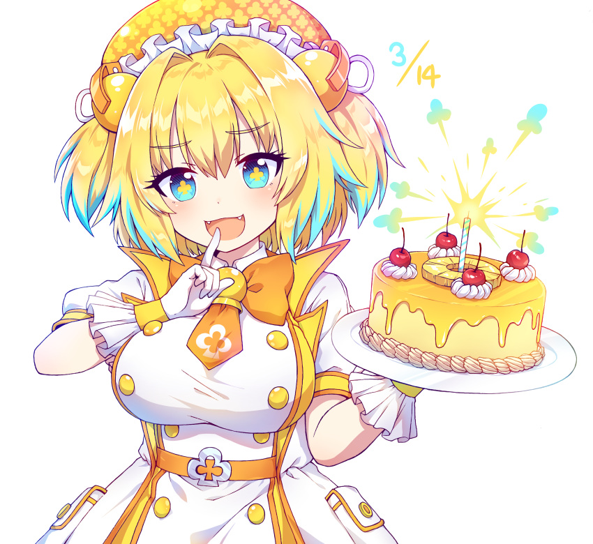 1girl :d absurdres bangs blonde_hair blue_eyes blue_hair bombergirl breasts cake candle caramell0501 cherry commentary_request dated dress eyebrows_visible_through_hair fangs fire food fruit gloves hair_between_eyes hands_up highres holding holding_plate large_breasts multicolored_hair open_mouth pine_(bombergirl) plate puffy_short_sleeves puffy_sleeves short_sleeves simple_background smile solo symbol-shaped_pupils two-tone_hair two_side_up white_background white_dress white_gloves