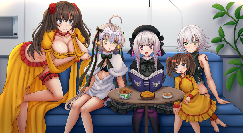 5girls barefoot breasts brown_hair commentary commission doll_joints earrings english_commentary fate/apocrypha fate/extra fate/grand_order fate/kaleid_liner_prisma_illya fate_(series) grey_eyes highres hoop_earrings jack_the_ripper_(fate/apocrypha) jeanne_d'arc_(fate)_(all) jeanne_d'arc_alter_santa_lily_(fate) jewelry joints kazenokaze magical_sapphire mata_hari_(fate) mother_and_child mother_and_daughter multiple_girls navel nursery_rhyme_(fate) original scar scar_on_face white_hair yellow_eyes