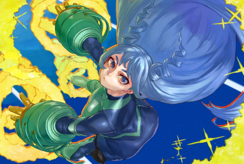 1girl blue_background blue_eyes blue_hair bodysuit boku_no_hero_academia commentary_request drill_hair gloves hadou_nejire hair_horns highres long_hair looking_at_viewer pursed_lips simple_background skin_tight solo spiral twin_drills very_long_hair yellow_gloves yomoyama_yotabanashi
