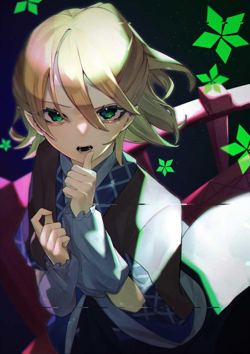 1girl absurdres arm_warmers bangs black_skirt blonde_hair bridge brown_shirt commentary_request cowboy_shot dust_particles green_eyes half_updo hand_to_own_mouth highres huge_filesize kappa_mame looking_at_viewer mizuhashi_parsee open_mouth pointy_ears scarf shirt short_hair short_ponytail short_sleeves skirt solo standing touhou vhs_artifacts white_scarf