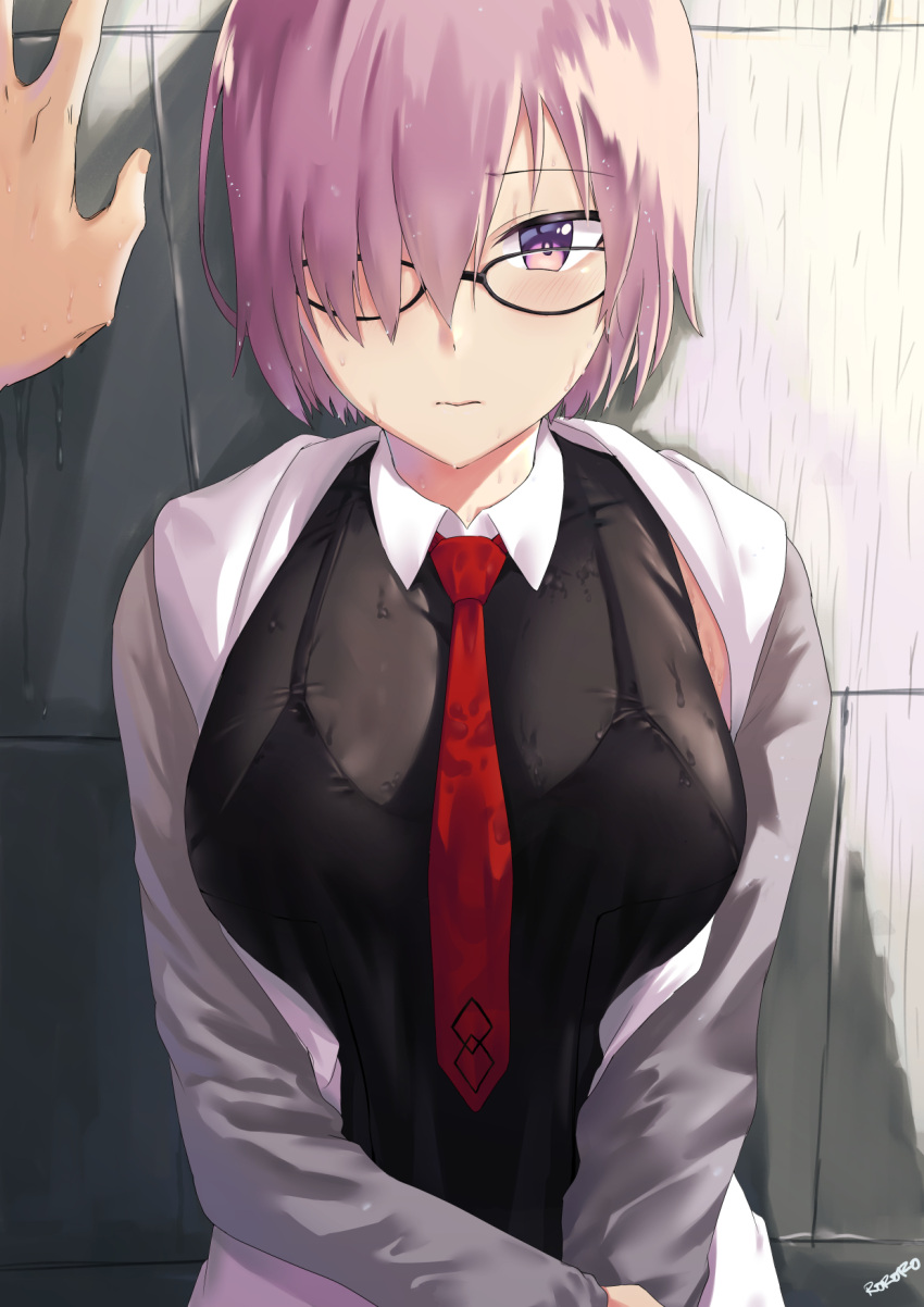 1girl black-framed_eyewear black_shirt blush closed_mouth fate/grand_order fate_(series) glasses grey_sleeves hair_over_one_eye hand_on_wall highres jacket looking_at_viewer mash_kyrielight memero_7272 necktie purple_hair red_neckwear shirt short_hair solo_focus upper_body violet_eyes wet wet_clothes