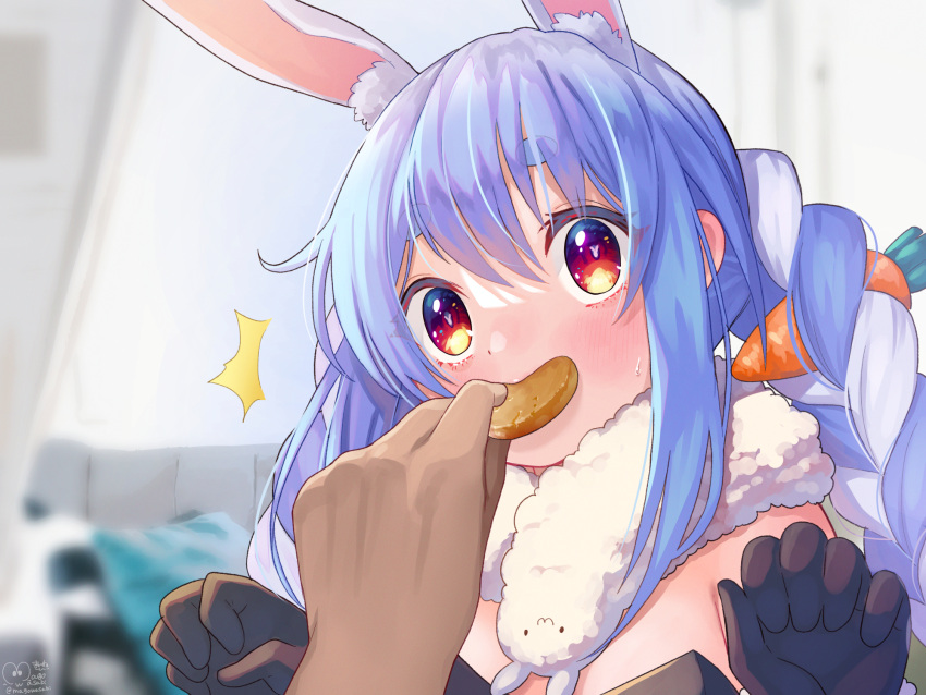 1boy 1girl ^^^ animal_ear_fluff animal_ears bangs black_gloves black_leotard blue_hair blurry blurry_background blush braid bunny-shaped_pupils carrot_hair_ornament closed_mouth cookie depth_of_field don-chan_(usada_pekora) eyebrows_visible_through_hair feeding food food_themed_hair_ornament gloves hair_between_eyes hair_ornament hands_up highres holding holding_food hololive leotard long_hair magowasabi out_of_frame rabbit_ears red_eyes short_eyebrows signature solo_focus strapless strapless_leotard sweat thick_eyebrows twin_braids twintails twitter_username upper_body usada_pekora virtual_youtuber white_hair