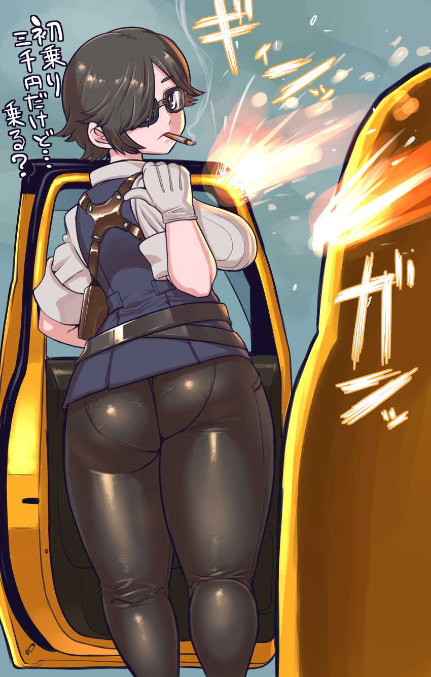 1girl absurdres ass belt black-framed_eyewear breasts brown_eyes cigarette commentary_request glasses hair_over_one_eye highres large_breasts looking_at_viewer looking_back minami_aomori original pants pantylines solo thick_thighs thighs tight tight_pants translation_request