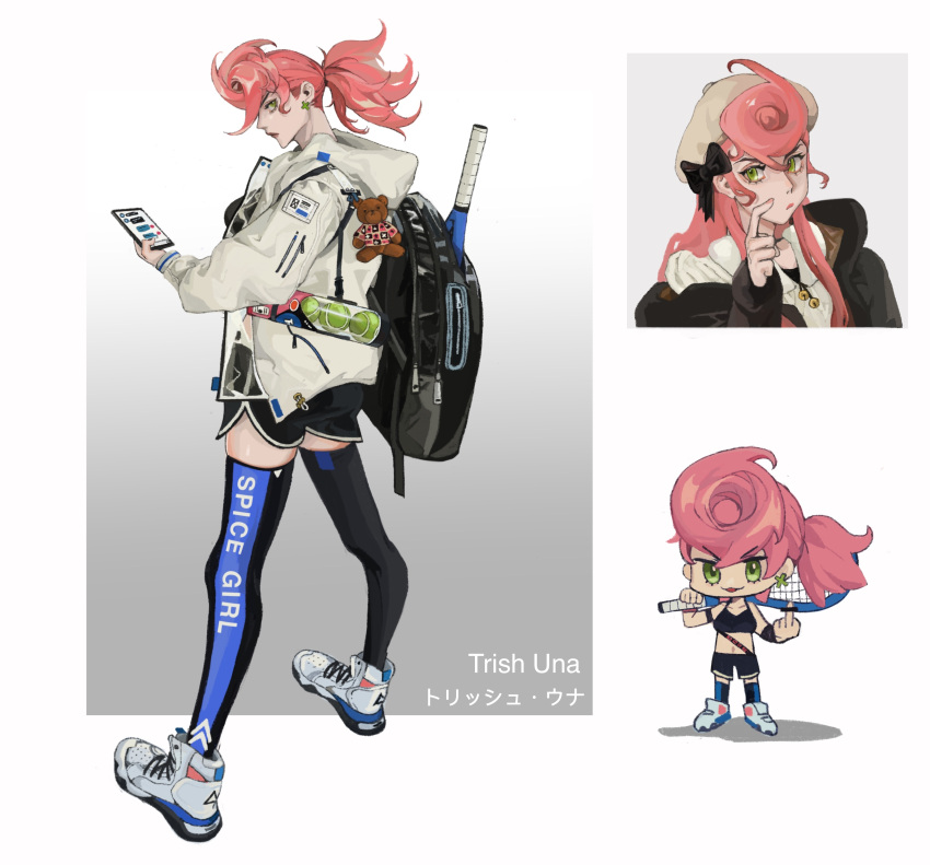 1girl absurdres alternate_costume alternate_hair_length alternate_hairstyle backpack bag ball bar_censor bell beret black_bow black_coat black_legwear black_nails black_shorts bow cellphone censored censored_gesture character_name charm_(object) chibi chinese_commentary clothes_writing coat commentary_request cross cross_earrings dolphin_shorts earrings eyebrows_visible_through_hair fingernails full_body greek_cross green_eyes hand_up hat high_tops highres holding holding_phone hood hood_down hooded_jacket index_finger_raised jacket jewelry jingle_bell jojo_no_kimyou_na_bouken long_hair long_sleeves looking_at_viewer looking_back middle_finger multiple_sources multiple_views nail_polish over_shoulder phone pink_hair pink_nails pocket ponytail portrait racket scratching_cheek see-through shadow shoes shorts sideways_glance smartphone sneakers sports_bra standing stuffed_animal stuffed_toy sweater teddy_bear tennis_ball tennis_racket text_messaging thigh-highs trish_una v-shaped_eyebrows vento_aureo white_footwear white_jacket white_sweater xubeichaoyansuan zipper