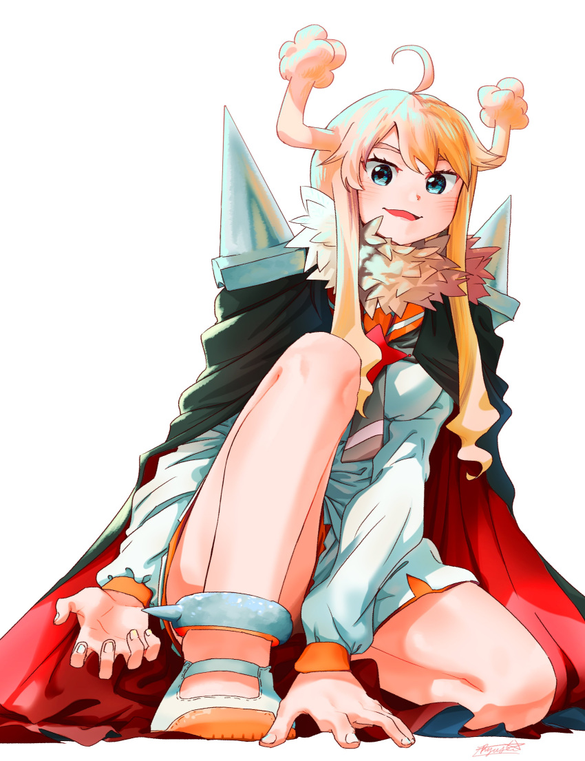 1girl :d absurdres ahoge arm_support black_cape blonde_hair blue_eyes blush cape fur_collar grey_neckwear hair_horns highres long_hair looking_at_viewer necktie one_knee open_mouth original red_cape ryusei_hashida shirt shoes shoulder_spikes sidelocks simple_background smile solo spikes two-sided_cape two-sided_fabric white_background white_footwear white_shirt