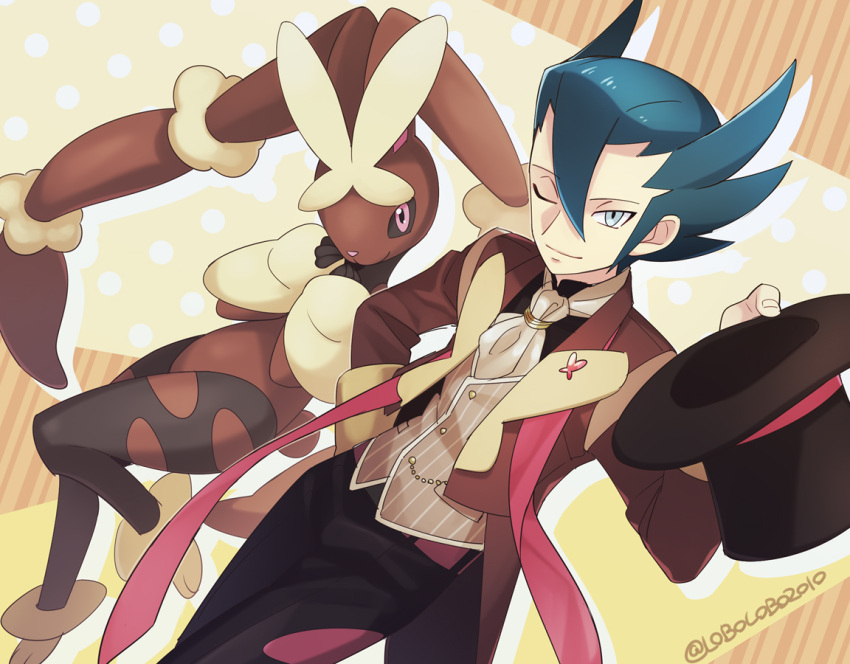 1boy alternate_costume artist_name bangs black_pants black_shirt buttons closed_mouth commentary_request gen_4_pokemon grey_eyes grey_vest grimsley_(pokemon) hair_between_eyes hand_on_hip hat holding holding_clothes holding_hat long_sleeves looking_at_viewer lopunny male_focus mega_lopunny mega_pokemon momoji_(lobolobo2010) one_eye_closed pants pokemon pokemon_(creature) pokemon_(game) pokemon_bw shirt smile spiky_hair vest
