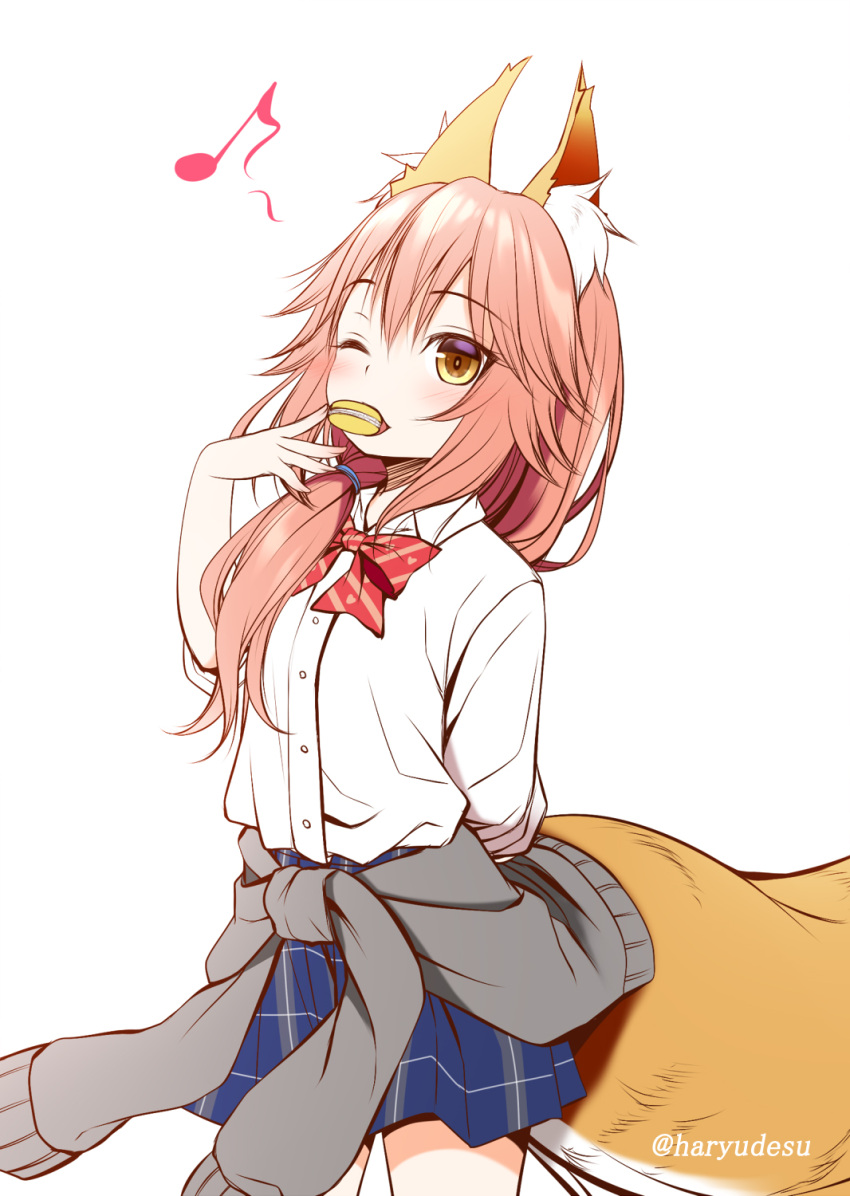 1girl ;d animal_ears bangs blue_skirt blush bow brown_eyes brown_hair cardigan cardigan_around_waist clothes_around_waist collared_shirt commentary_request diagonal_stripes dress_shirt eighth_note eyebrows_visible_through_hair fate/extra fate_(series) food fox_ears fox_girl fox_tail grey_cardigan hair_between_eyes hair_over_shoulder hand_up haryuu_(poetto) highres long_hair low_ponytail macaron musical_note one_eye_closed open_mouth plaid plaid_skirt pleated_skirt red_bow school_uniform shirt simple_background skirt smile solo striped striped_bow tail tamamo_(fate)_(all) tamamo_no_mae_(fate) twitter_username white_background white_shirt