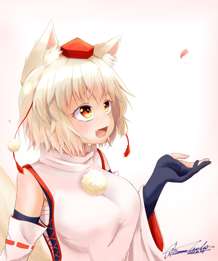 1girl absurdres animal_ear_fluff animal_ears bare_shoulders blush breasts bridal_gauntlets commentary_request dated detached_sleeves eyebrows_visible_through_hair fang hat highres inubashiri_momiji large_breasts looking_to_the_side open_mouth otomen_maru-no-uchi petals pom_pom_(clothes) red_eyes ribbon-trimmed_sleeves ribbon_trim shirt short_hair signature silver_hair simple_background sleeveless sleeveless_shirt solo tail tokin_hat touhou turtleneck white_background white_shirt wolf_ears wolf_tail