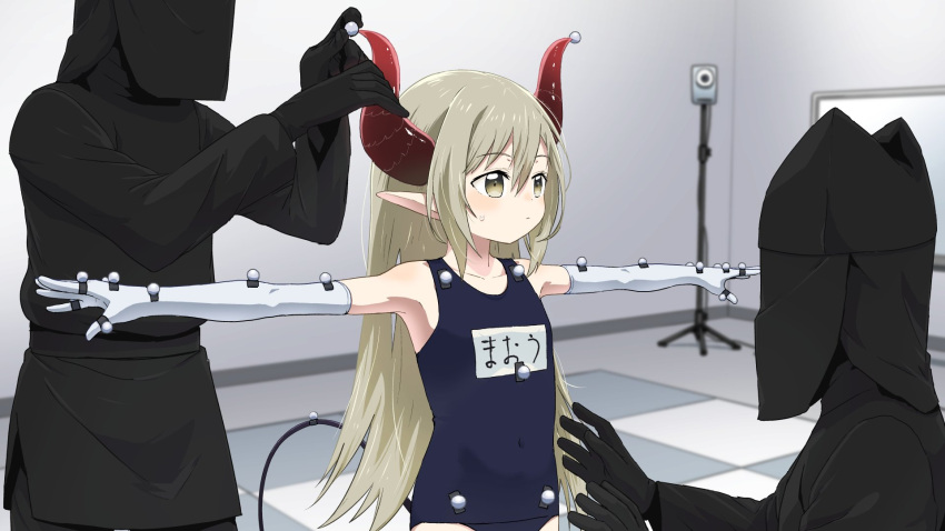 1girl 2others camera collarbone commentary_request curled_horns demon_girl demon_horns elbow_gloves emma_august eyebrows_visible_through_hair flat_chest gloves grey_eyes grey_hair hair_between_eyes highres horns indoors kuroko_(kabuki) long_hair motion_tracker multiple_others name_tag nijisanji old_school_swimsuit one-piece_swimsuit outstretched_arms pointy_ears prehensile_tail red_horns satsuyo school_swimsuit spread_arms sweatdrop swimsuit t-pose tail virtual_youtuber white_gloves