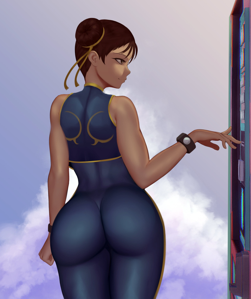 1girl absurdres alternate_costume ass bare_shoulders bodysuit brown_eyes brown_hair chun-li commentary double_bun eating english_commentary food highres leotard looking_at_viewer looking_back sleeveless solo standing street_fighter street_fighter_zero_(series) studded_bracelet thighs vending_machine zaki_(zaki_btw)
